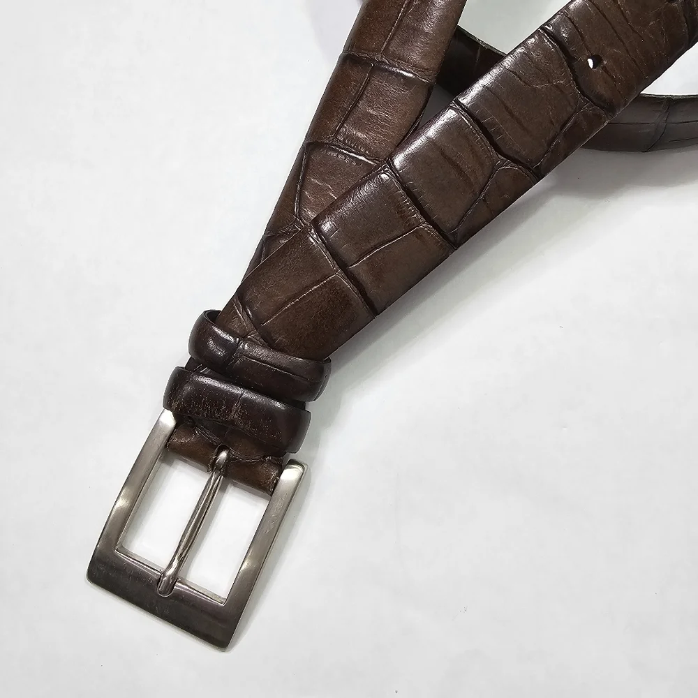 Soft Collections Men's Brown Leather Belt Textured Silver Hardware Size 38
